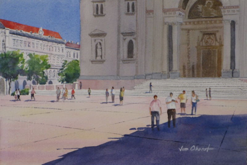 landscape, buda, budapest, hungary, europe, church, basilica, oberst, original watercolor painting